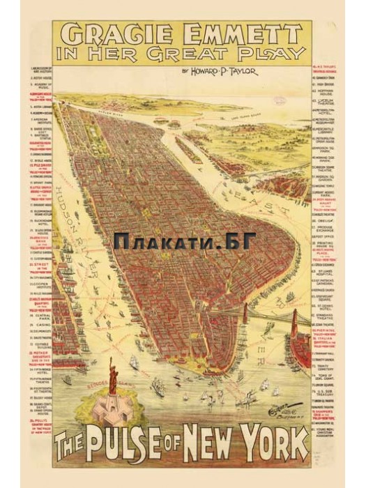 Карта на Манхатън (Ню Йорк - 1891) - винтидж плакат (постер)
