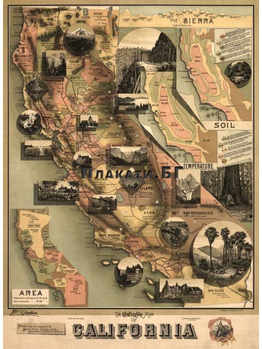 Map of California (1888) - ancient map poster 60x82cm