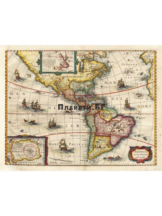 Карта - America Noviter Delineata 1631 - антична карта постер 70х90см